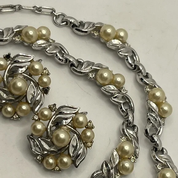 Crown Trifari pat pending faux pearl silver tone rhinestone necklace & earrings